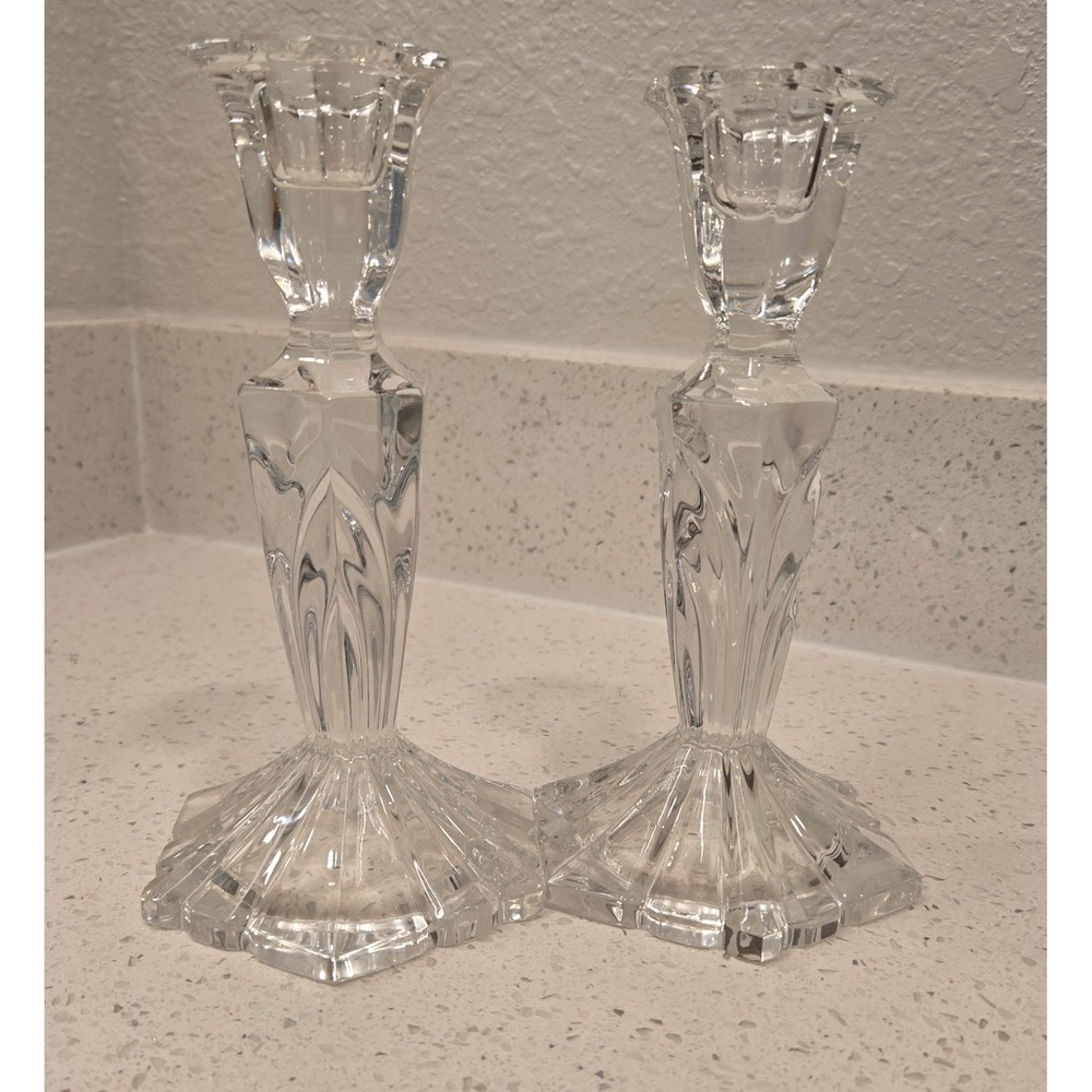 Vintage Clear Cut‎ Glass Taper Candle Holders Pair Faceted Crystal Style